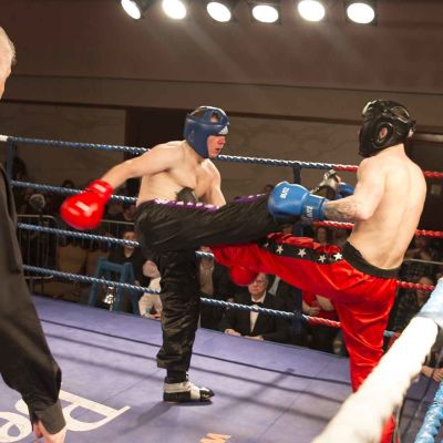 David lands a Front Kick to Wayne Bell at the Stormont Hotel on Feb 17th 2018