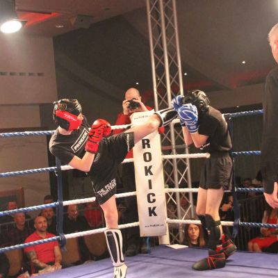 Jay kicks high in a light-contact match at the Stormont Hotel 