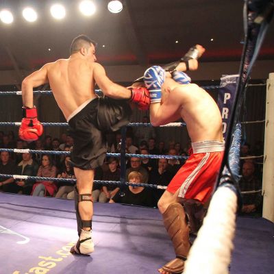 Salman fires a high kick to Polish fighter Patryn Klak  at the Stormont  Hotel Belfast
