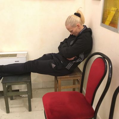 Cathy gets in a little rest at the Venue just hours before the match 