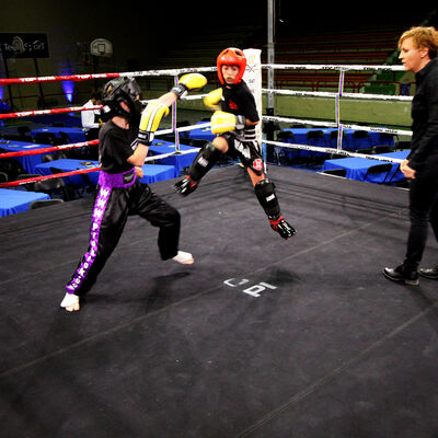 Sven Farrugia ( Malta) makes flying punch on Jay Stewary (ProKick)