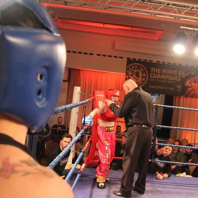 Standing Count to Kerry Doyle, Ref Mr Bob Hunter gives a standing count to Kerry in the Amateur Irish Full Contact Title  fight