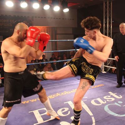 Jerome Kilbride Lands a hard Low Kick to Vasil Ivanov at the Stormont hotel