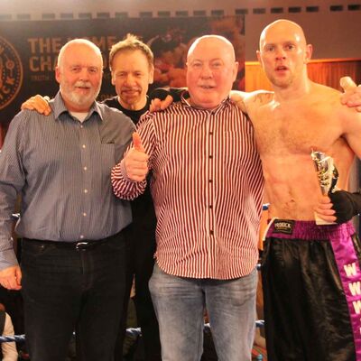 L-R event sponsor Mr Gary Withers from Peninsula Print, Billy Murray Matthew Kerr's Dad and winner Matthew Kerr