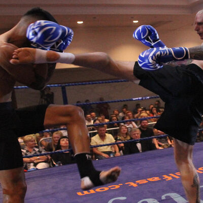 Darren McMullan (NI) kicks out at Nikolas Konstantinos at their match at the storming hotel on Saturday 30th June.