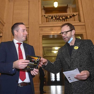 He was really interested to know more, said Billy Milly: First Minister Paul Givan talks with Billy Murray about ProKick's Urban Villages project and about making a visit to the site in the near future.