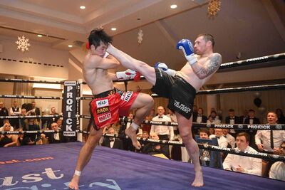 Face Kick, Johnny Smith lands a front kick to the head of South Korea’s Sunghyun Lee at the Stormont hotel in Belfast on #KnockdownLockdown