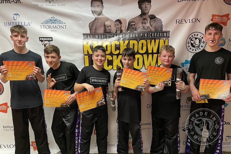 Pictured L-R is Jay Stewart, Ethan Allman (already Brown Belt, recapping on syllabus for his Black Belt set for the summer of 2022), Reuben Graham, Cian Toner, Jackson McCleery and Lorcan Toner, all passed their Brown Belts