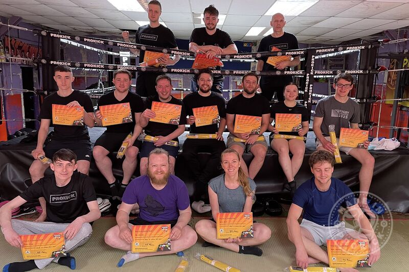 Pictured on Sunday 22nd May 2022 - the team were all at the ProKick Gym before midday in hopes of moving up the ladder of kickboxing excellence by grading to the next level.  Congrats team.