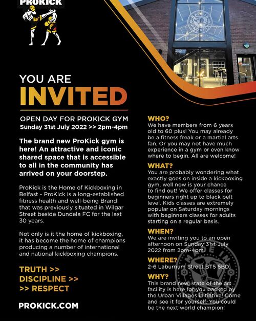 Open Day for ProKick Gym TOMORROW Sunday 31st July 2022 - 2pm-4pm. The brand new ProKick gym is here! An attractive and iconic shared space that is accessible to all in the community has arrived on your doorstep.