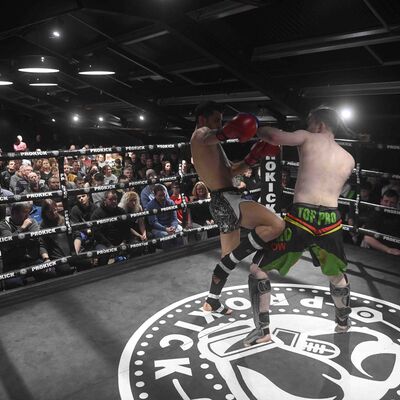 Exchange from a knee to a punch with Eoin Maher (TopPro Carlow) and Abbas Khorrami (Iran, fighting out of ProKick)