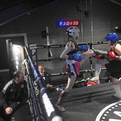 Action from the WKN Low-Kick Rules 3x2 Min Rounds 58.kg - (Females) Ollie Hamilton 16yrs (ProKick) VS Kady Shaw 16yrs (TopPro Carlow) WINNER TOP PRO Carlow points