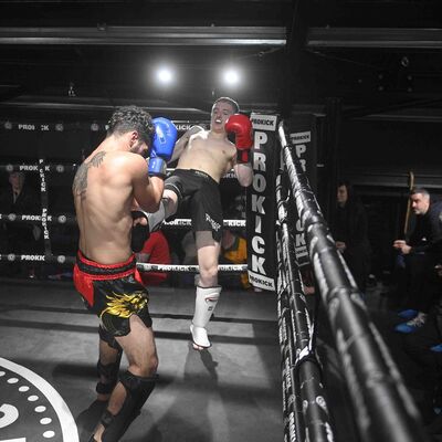 Cahal Walsh lands a front kick at Joatan Costa (TopPro Carlow) for a WKN K1-Style Rules match over 3x2 Min Rounds at 62.kg