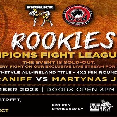 Top of the bill on the Rookies event - WKN K1-Style Irish Title Rules 4x2 Min Rounds 69.9kg Dan Braniff (ProKick) Vs Martynas Jagutis (TopPro, Carlow) Sponsored by - The Captains Table