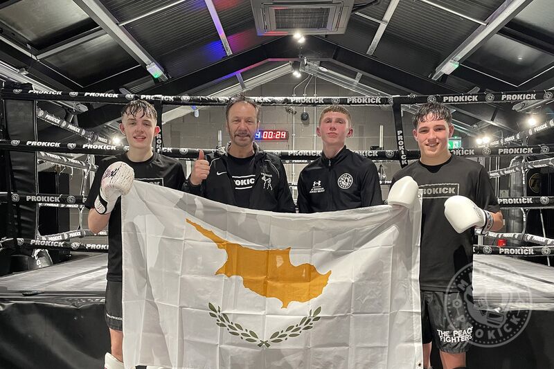 Three of the ProKick fight team - L-R: Adam Davison, (coach Billy Murray) Jay Snoddon and Gary Lynch have arrived to compete on the Uppercut Fight Night tonight Saturday 25th March in Cyprus.