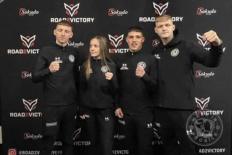 At the weigh-ins for tonight's Road2Victory kickboxing event in Volendam. ProKickers, Gary Lynch, Grace Goody, Dan Braniff & James Braniff acting coach, successfully stepped on the scales yesterday for TONIGHTS event in Volendam, Holland.