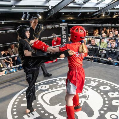 Amelia  kicks out - in a Light Low Kick Rules match. Amelia Cieslikowska (ProKick) Vs Lilly McPherson (Champions Kickboxing Larne) DRAW