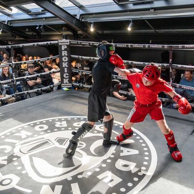 Carter lands a shot in a Light-Contact Low-Kick Rules match between Hunter Moore (ProKick) WINNER POINTS Vs Carter McAllister (Champions Kickboxing Larne)