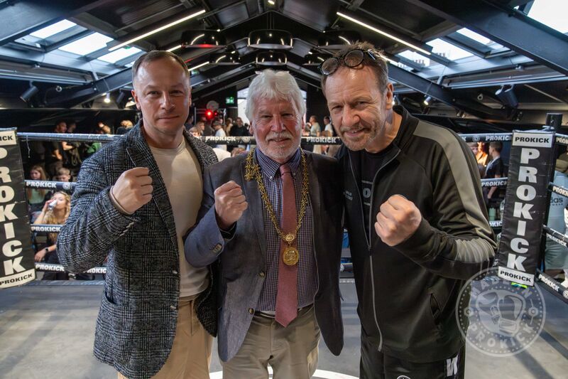 At the ProKick Gym Sunday afternoon 28th April L-R: Mr. Puzdrach. Head of Sports and Physical Culture for Odesa City Council, Mr Sammy Douglas, High Sheriff of Belfast, Billy Murray senior coach and event promoter for ProKick gym.