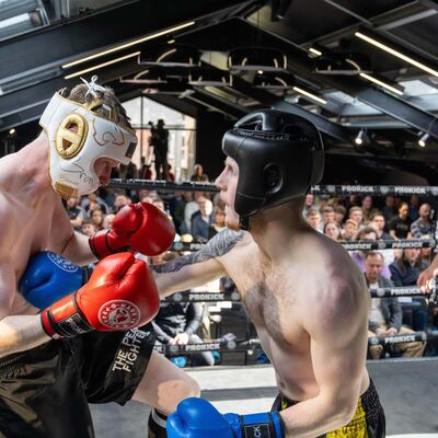 Matthew Lennon (Larry BlackDragon Cavan) WINNER POINTS. lands a right hand on Matthew Agnew (ProKick) in their Low-Kick Rules 72-74kg 3 x 2 rounds