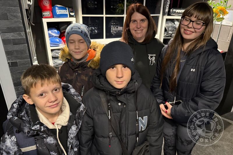 Pictured - Four Ukrainian's children with Kathryn Warren at ProKick. The children have been in Belfast from Tuesday the 26th Nov. The team will head home to the Ukraine tomorrow. Check out UTV tonight from the ProKick Gym