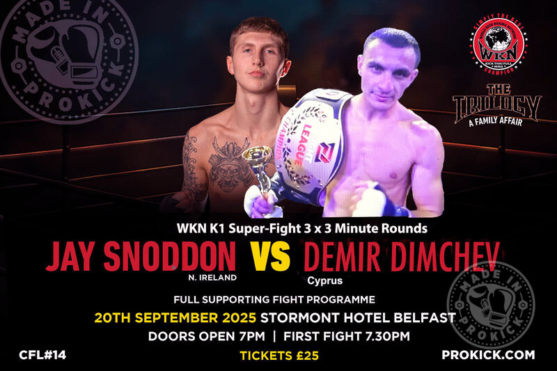 The WKN Irish Champion Jay Snoddon will face the Champion of Cyprus Demir Dimchev in a 3 x3 Full K1 Rules bout this Saturday night at the Stormont Hotel.