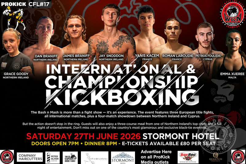 Tickets for the glamorous black-tie dinner show are £80. This includes a three-course meal, three WKN European title fights, a Northern Ireland vs. Cyprus match, and a full night of entertainment. Tickets are available on the ProKick website.
