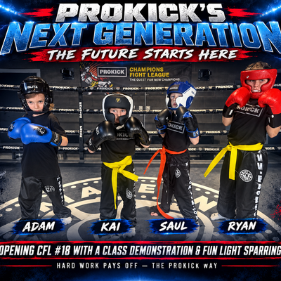 Four young ProKick students — Adam (7), Kai (5), Saul (6), and Ryan (9) — opened Champions Fight League No. 18 with an impressive class demonstration and light sparring session, showcasing the confidence, discipline, and fun that defines kickboxing at a y