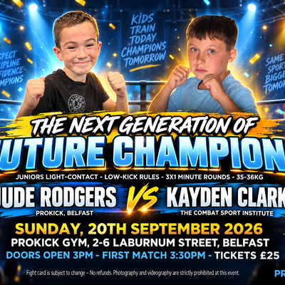 Jude Rodgers (ProKick Belfast) and Kayden Clarke (The Combat Sport Institute) went head-to-head in a thrilling 35–36kg light-contact junior kickboxing bout