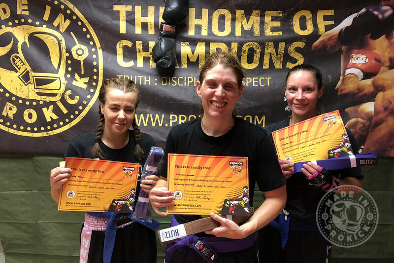 Three Top new grades at Prokick; Kathryn moved to Brown belt & Tracy and Rowena respectfully to Purple belt level.