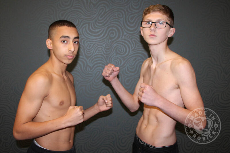 An international teenager K-1 Style match set for 3x2 rounds at at 54kg. Jay Snodden (Dundonald, NI) came in at 53.2 whilst the visitor Antreas Roujogenis (Cyprus) tipped the weight at 53.1. The two 15 year olds looked ready and excited.