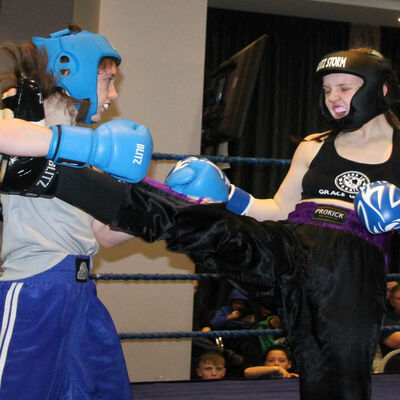 Grace throws a front kick at Rebecca Blake at the Clayton hotel in Belfast