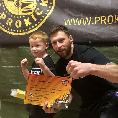 That's my boy - young Leo Smith get the title for the youngest ever at ProKick to grade to Yellow belt at four years of age.