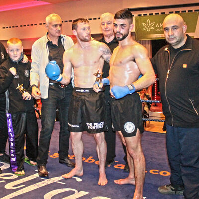 Strike a pose - SwiftSmith and team right after his victory against Christos Venizelou (Cyprus) At the Stormont Hotel Saturday 23rd Feb 2019