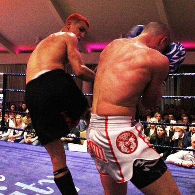 Another back kick that sealed the match for Killian Emery against Shane Weir during their kickboxing match at the Stormont hotel Saturday 23rd FEB 2019