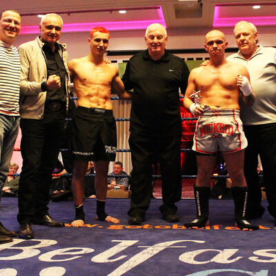 Killian Emery pictured with his Dad Carl & WKN president and Shane Weir and coach Albert Ross during their kickboxing match at the Stormont hotel Saturday 23rd FEB 2019