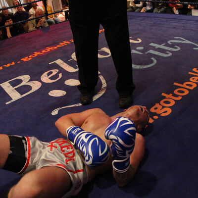 Shane Weir down but not out. Belfast's ProKick event at the Stormont hotel 23rd FEB 2019