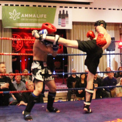 Jay throws a high kick Kicks to Charalambous at the Stormont hotel in Belfast 23rd FEB 2019