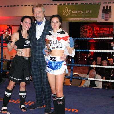 All friends after a hard fought fight between Rowena Bolt and Italian Maura Scano in a low-kick style match.