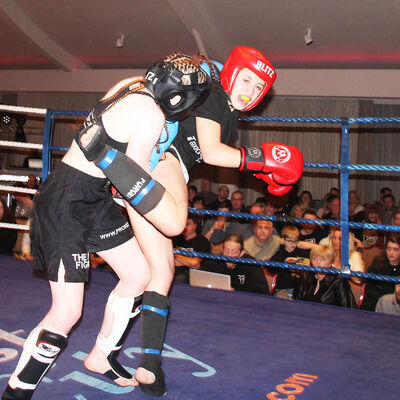 'Just missed'....Maura Papadopoulou from Cyprus kicks out against Grace Goody at the Stormont hotel