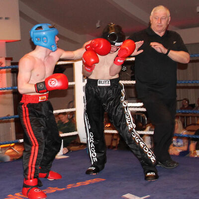 Jack Molloy lands a punch on Micheal McKay at the Stormont hotel in Belfast at Billy Murray’s ProKick event.