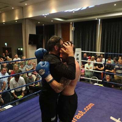 Proud moment for both coach & fighter, or perhaps relief.!  The ProKick event was for the WKN title match with Jihoon Lee Vs Johnny 'Swift' Smith at the Clayton hotel Belfast on 23rd, June 2019