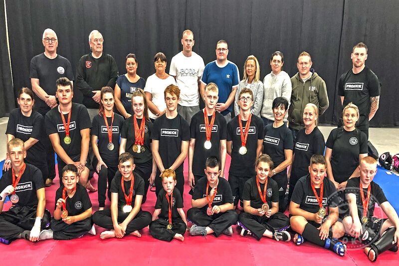 Prokick Team after the event, This was the inaugural WKN British amateur Open which took place Saturday 3rd August 2019. The event was  promoted by Mr Albert Ross & team at the Fraserburgh Fitness Centre