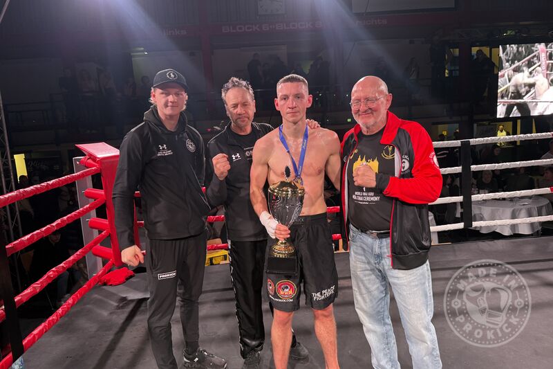 Dan right after his World Championship fight - L-R Dan's brother James, Coach Billy Murray, Dan Braniff ﻿ (fighter), event promoter, Wolfgang Gier.