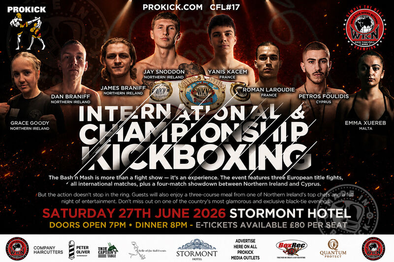 The Tickets for the black-tie dinner show are £80. The price includes a three-course meal, three WKN European title fights, a Northern Ireland vs. Cyprus match, and a full night of entertainment. Tickets are available on the ProKick website.