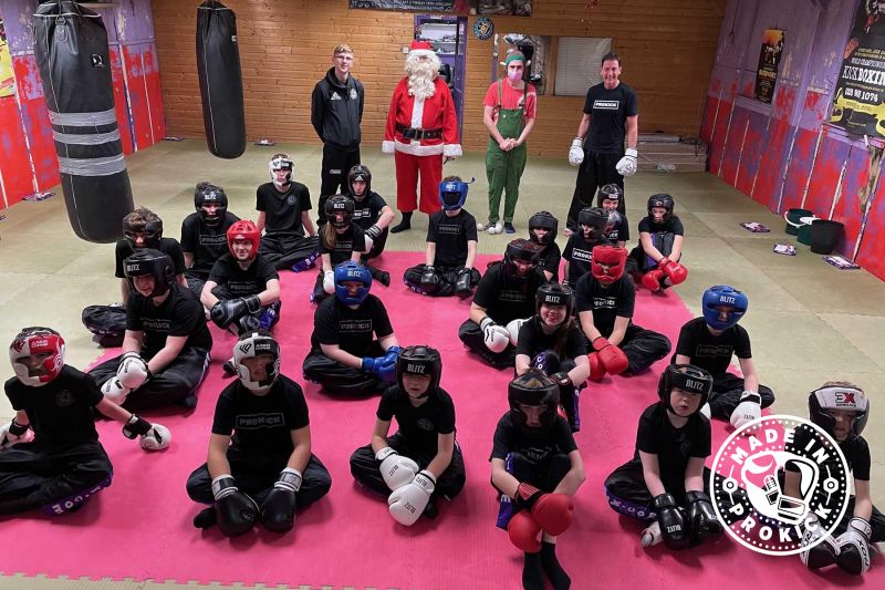 Kids at the 12pm Class Saturday 18th Dec at the ProKick Gym in Belfast - This time Santa brought one of his trusted helpers with him, ‘Elf’.