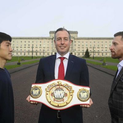 The protagonists Face-to-Face with N,Ireland's First Minister Mr Paul Givan the man in the middle. All ahead of the WKN world welterweight title fight
