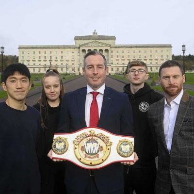 All the protagonists Lee, Smith, Goody and Snoddon with N,Ireland's First Minister Mr Paul Givan the man in the middle. All ahead of the WKN championship title fights