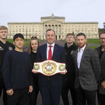 The team Braniff, Lee, goody, Goody, Snoddon & promoter Billy Murray with N,Ireland's First Minister Mr Paul Givan the man in the middle. All ahead of the WKN championship action