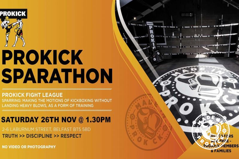 ProKick Sparathon: Here's a chance to put your technique into practice in a controlled environment. Sat 26th Nov Starts at 1.30pm, spectators are free, normal class fee’s to participate - Course/class fee £7 adults £5 for Kids.